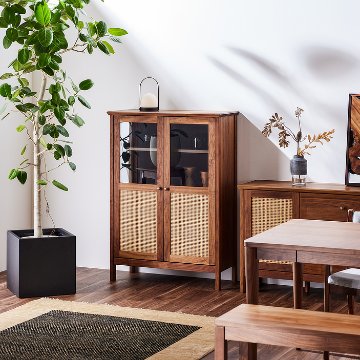 パラディ 90 キャビネット（ロー）｜天然木無垢材×ラタン意匠の重厚な美学・日本製・完成品の画像