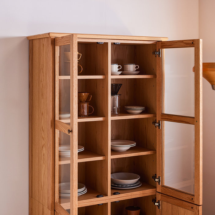 パラディ 90 キャビネット（ハイ）｜無垢材×ラタン意匠の重厚な美学・日本製・完成品・選べる3素材の画像