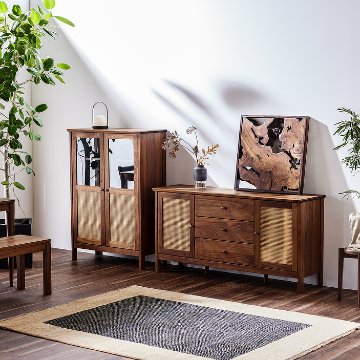 パラディ 150 サイドボード｜天然木無垢材×ラタン意匠の重厚な美学・日本製・完成品・選べる3素材の画像
