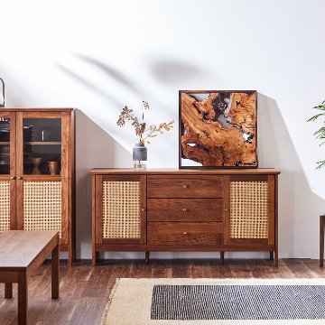 パラディ 150 サイドボード｜天然木無垢材×ラタン意匠の重厚な美学・日本製・完成品・選べる3素材の画像