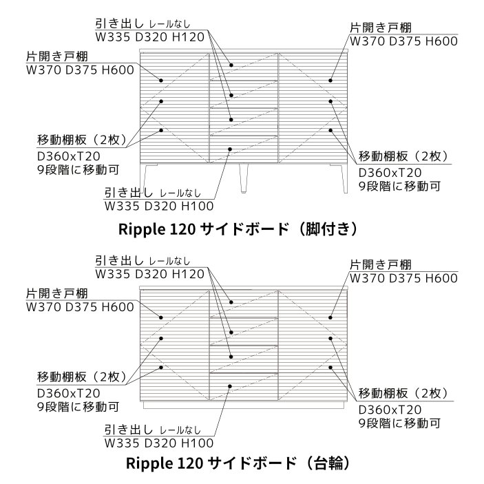 リップル（Ripple）120 サイドボード ｜ 光と影が奏でる無垢の躍動感。リビングの主役を担う意匠派キャビネット。【国産・完成品】の画像