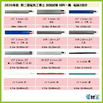 第二種電気工事士 技能試験セット O 2026 工具 電線2回分 配線器具セット 合格クリップ プレート外しキー 付き 令和8年度 全13問対応 電気工事士 2種 電材王の画像