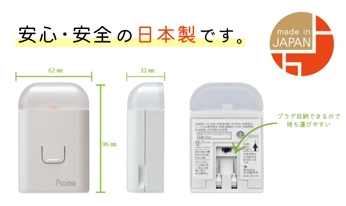 コンセント充電式常備灯　ＰｉｏｍａここだよライトＳ UGL3-Wの画像