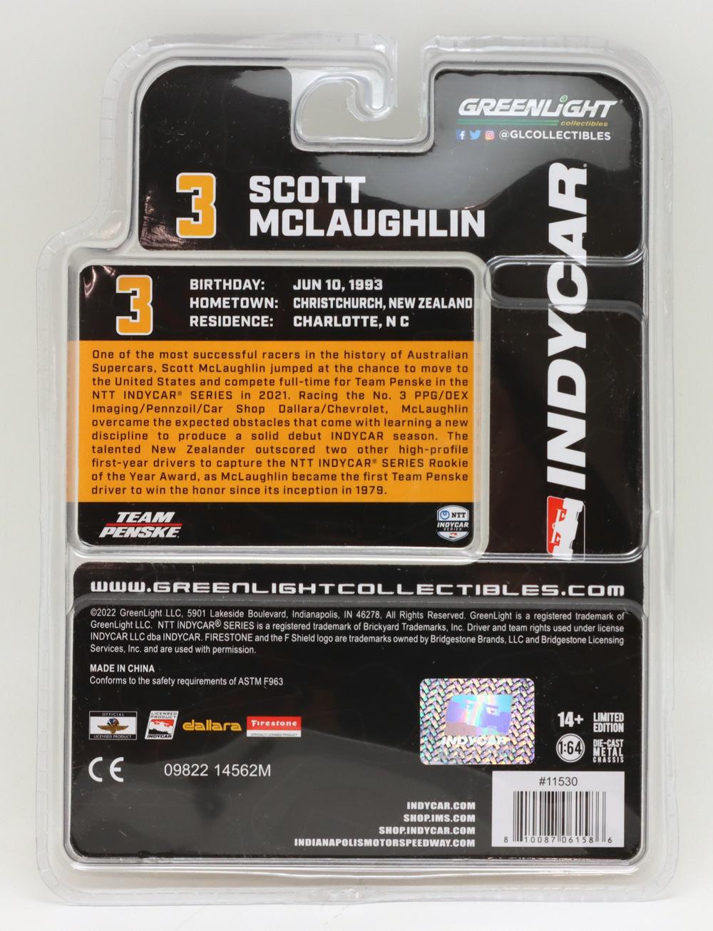 グリーンライト 1/64 チーム ペンスキー XPEL #3 スコット マクラフリン 2022 インディカー ミニカー画像
