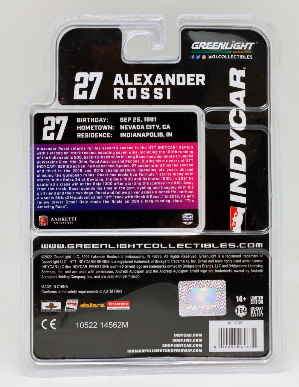 グリーンライト 1/64 アンドレッティ オートスポーツ #27 アレクサンダー ロッシ 2022 インディカー ミニカー画像