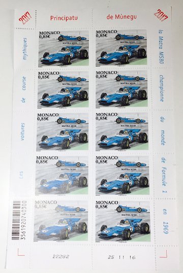 モナコグランプリ マトラ MS80 ジャッキースチュワート 切手シート画像