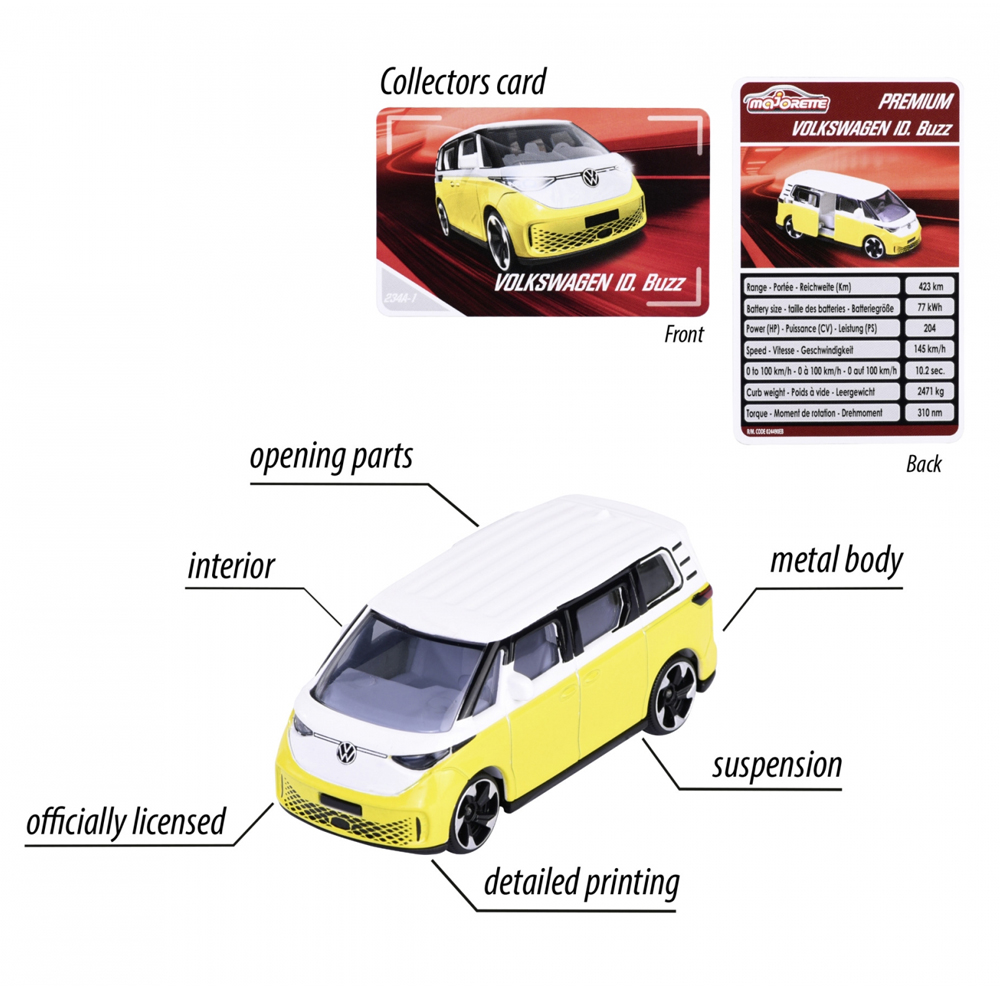 マジョレット 1/64 フォルクスワーゲン VW ID Buzz ミニカー イエロー / コレクターズカード付画像