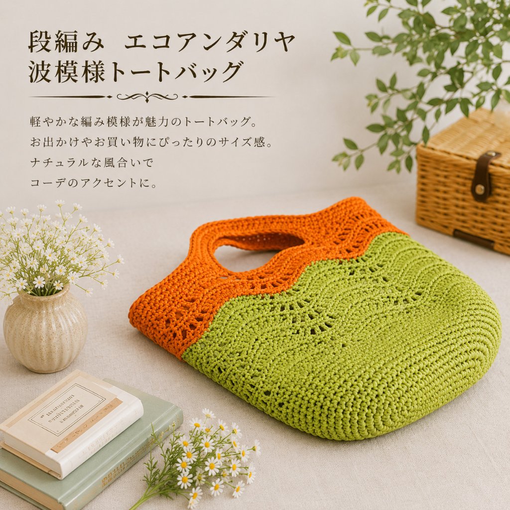 かごバッグ レディース 春夏 エコアンダリヤ トートバッグ オレンジ グリーン 手編み 軽量 透かし編み サマーバッグ ハンドメイド おしゃれ ナチュラル 夏バッグ お出かけ リゾートの画像