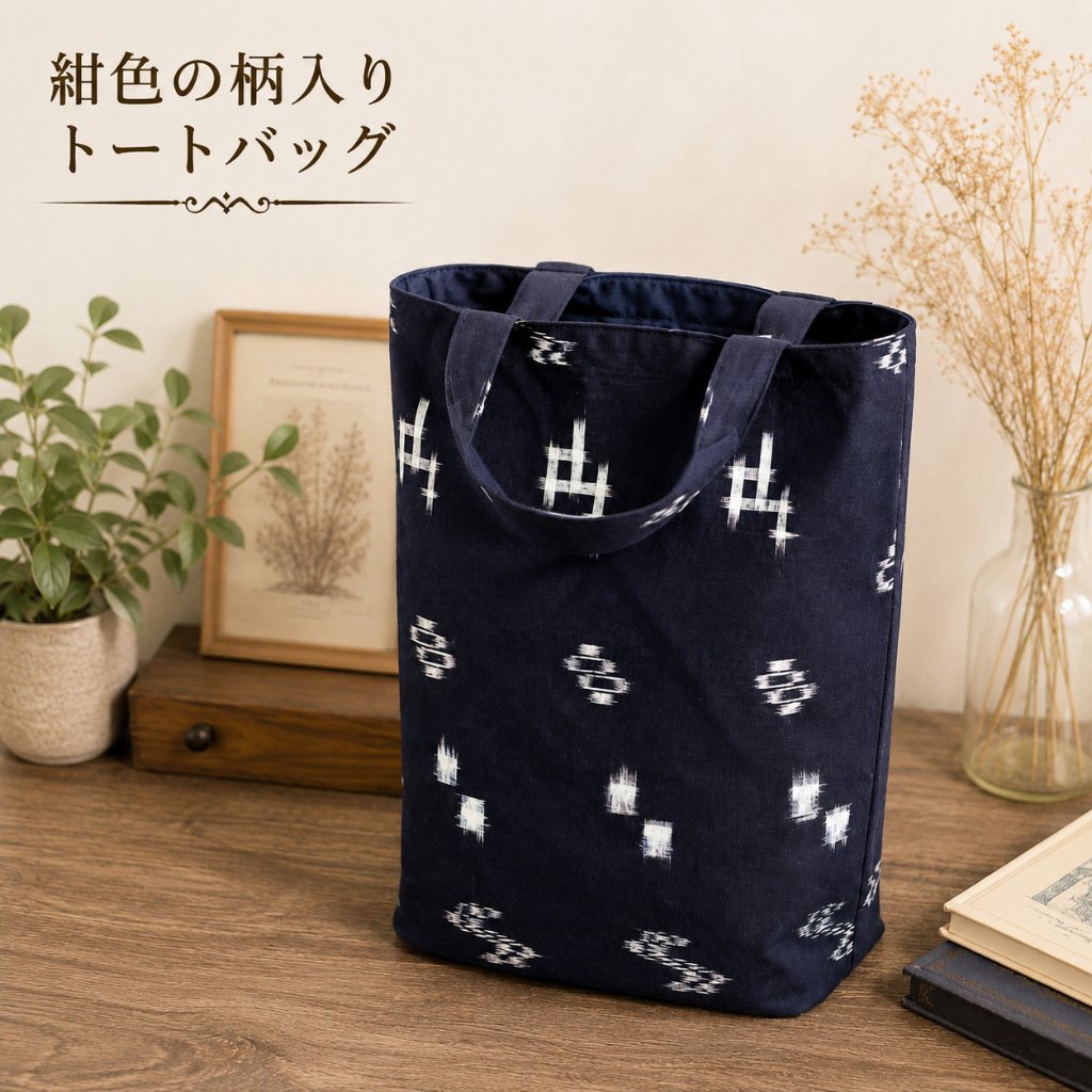 トートバッグ レディース おしゃれ 軽量 バッグ 紺色 柄入り 和モダン シンプル サブバッグ エコバッグ 手提げバッグ 布バッグ カジュアルバッグ お出かけバッグ レディースバッグ 普段使い 小物収の画像