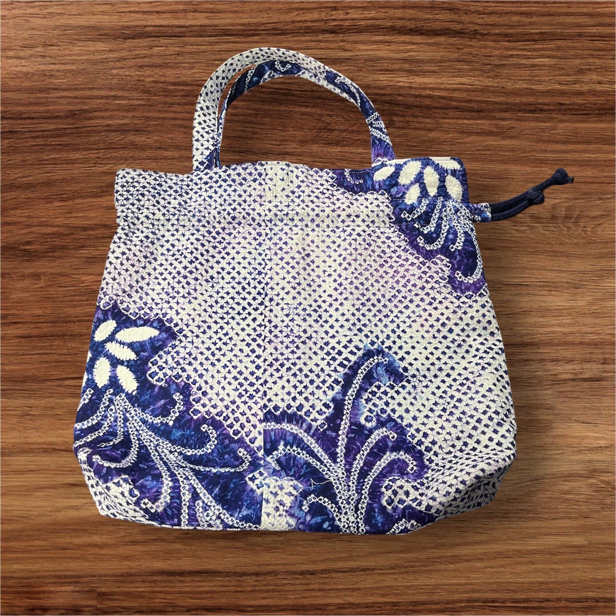 巾着 バッグ セット 和柄 浴衣 バッグ 和風 レディース 和装小物 巾着袋 手提げバッグ 花柄 青 白 夏祭り 花火大会 着物 浴衣用 和風バッグ ハンドメイド おしゃれ かわいい 2点セット レーの画像