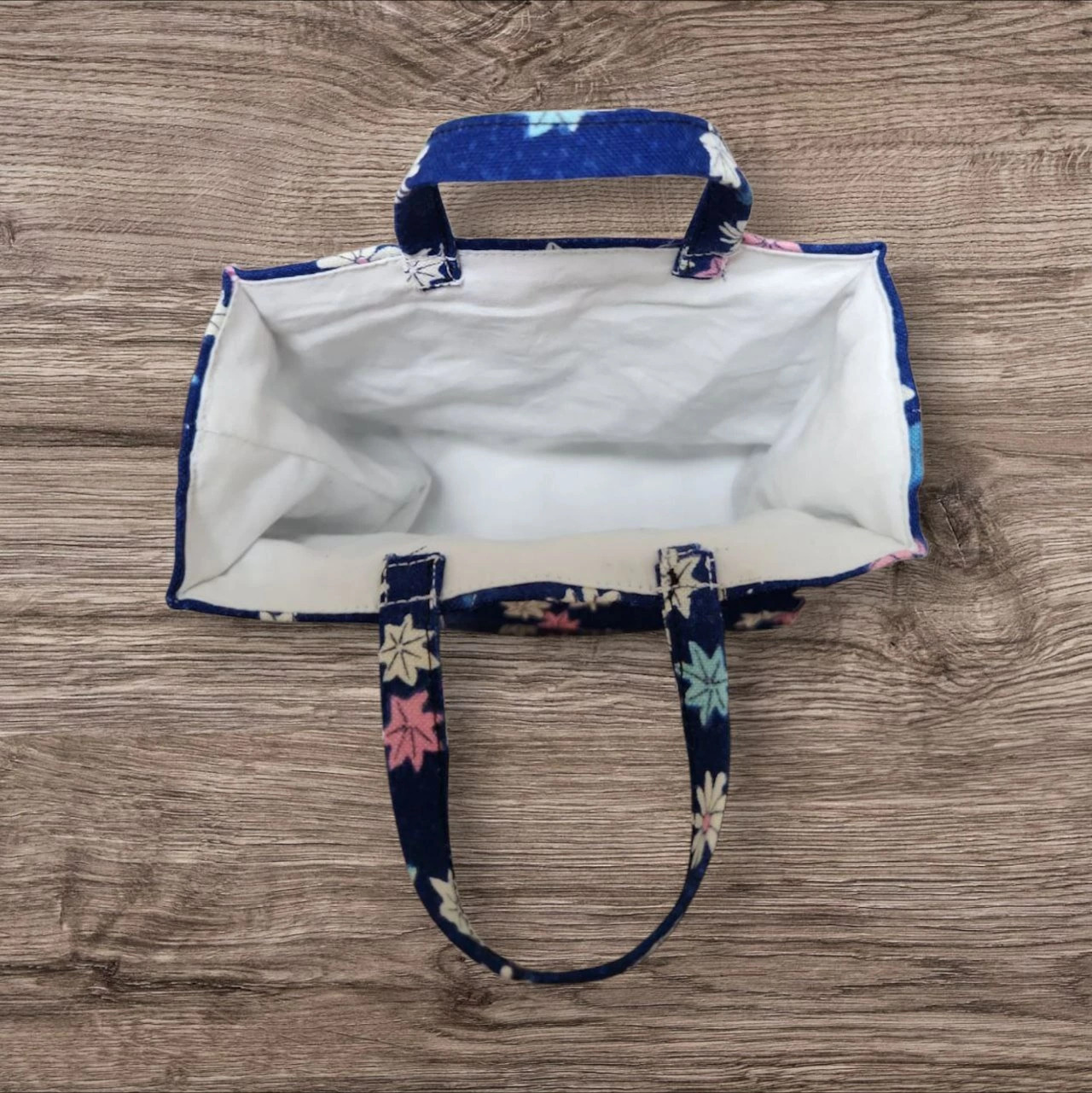 ミニトートバッグ BOX型 青 もみじ柄 白 裏地 ハンドメイド 布バッグ 小さめ トートバッグ マチ付き 手提げバッグ 小物入れ バッグインバッグ 収納 整理 レディース かわいいの画像