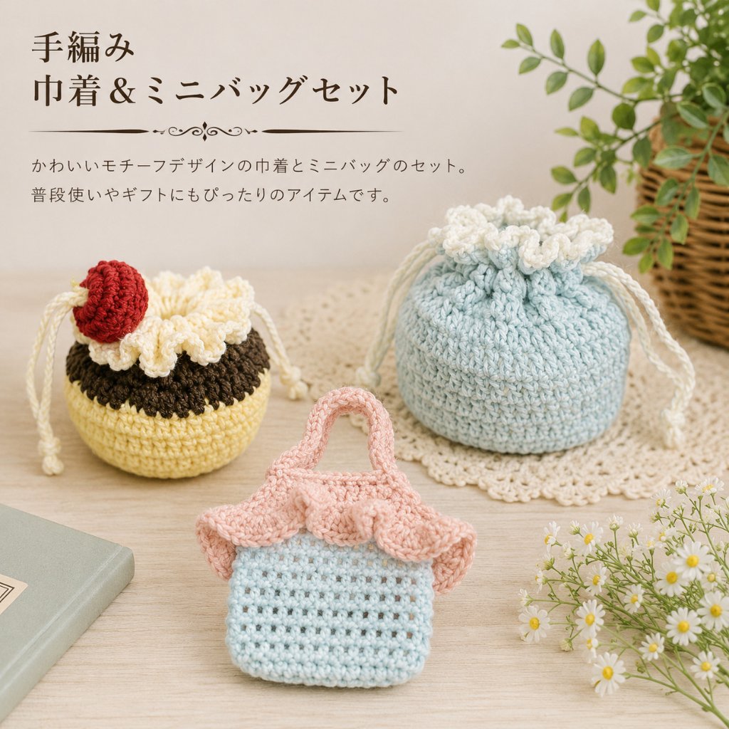 手編み 小物入れ 3点セット プリンモチーフ 巾着 ミニバッグ ハンドメイド かぎ針編み スイーツモチーフ 小物ポーチ かわいい 編み物雑貨 小物収納 インテリア雑貨 ギフト プレゼントの画像