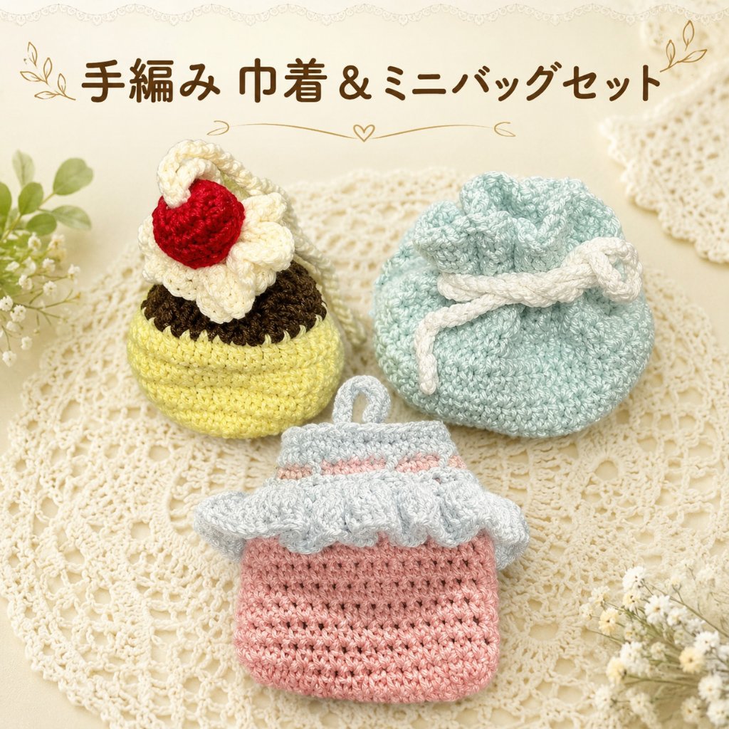 手編み 小物入れ 3点セット プリンモチーフ 巾着 ミニバッグ ハンドメイド かぎ針編み スイーツモチーフ 小物ポーチ かわいい 編み物雑貨 収納 インテリア 雑貨 ギフト プレゼントの画像