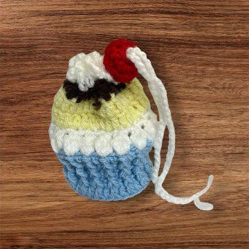 手編み 巾着 3個セット スイーツモチーフ プリン パフェ ゼリー チェリー付き ハンドメイド 小物入れ ミニ巾着 かわいい アクセサリー入れ イヤホン ケース ギフト プレゼント 編み物 レディースの画像
