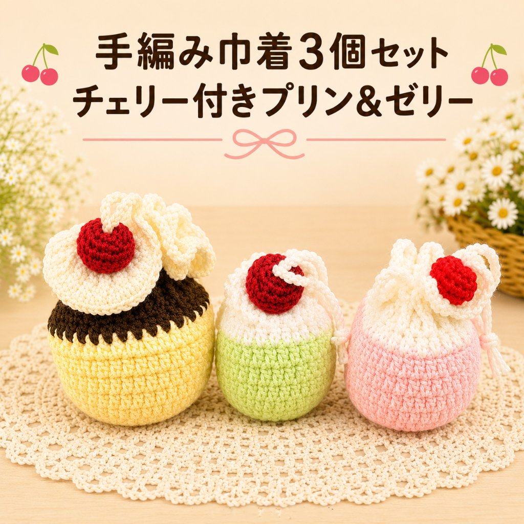 手編み 巾着 3個セット かわいい ミニ巾着 小物入れ 編み物 かぎ針編み プリン ゼリー チェリー スイーツモチーフ ハンドメイド ポーチ 小物収納 アクセサリーケース イヤホンケース キャンディ入の画像
