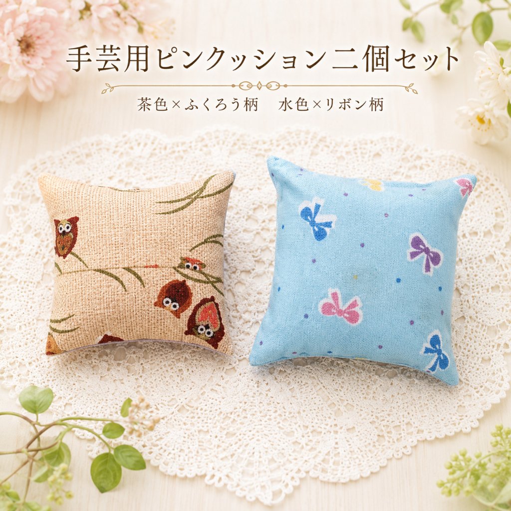 ピンクッション 2個セット 針山 手芸用品 裁縫道具 かわいい ハンドメイド ソーイング 針刺し おしゃれ ミニサイズ 綿入り コーヒーがら入り リボン柄 ふくろう柄 手作り 裁縫グッズ 人形用小物 の画像