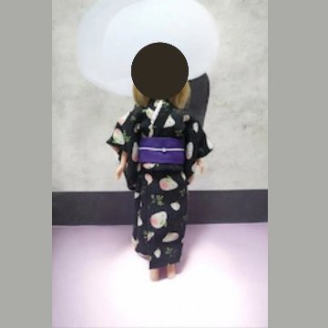 1/6ドール用 着物＆帯 2点セット 黒うさぎ柄 ちりめん 和装アウトフィット 22cmドール対応 紫帯付き ハンドメイド 和風 和柄 和服 ドール服 かわいい うさぎ柄 小物 撮影 コレクション プの画像