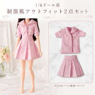 27cmドール用 セーラーカラー トップス プリーツスカート セット ピンク アイドル風 衣装 アウトフィット 着せ替え 人形用 かわいい コスチューム ハンドメイド ガーリー 制服風の画像