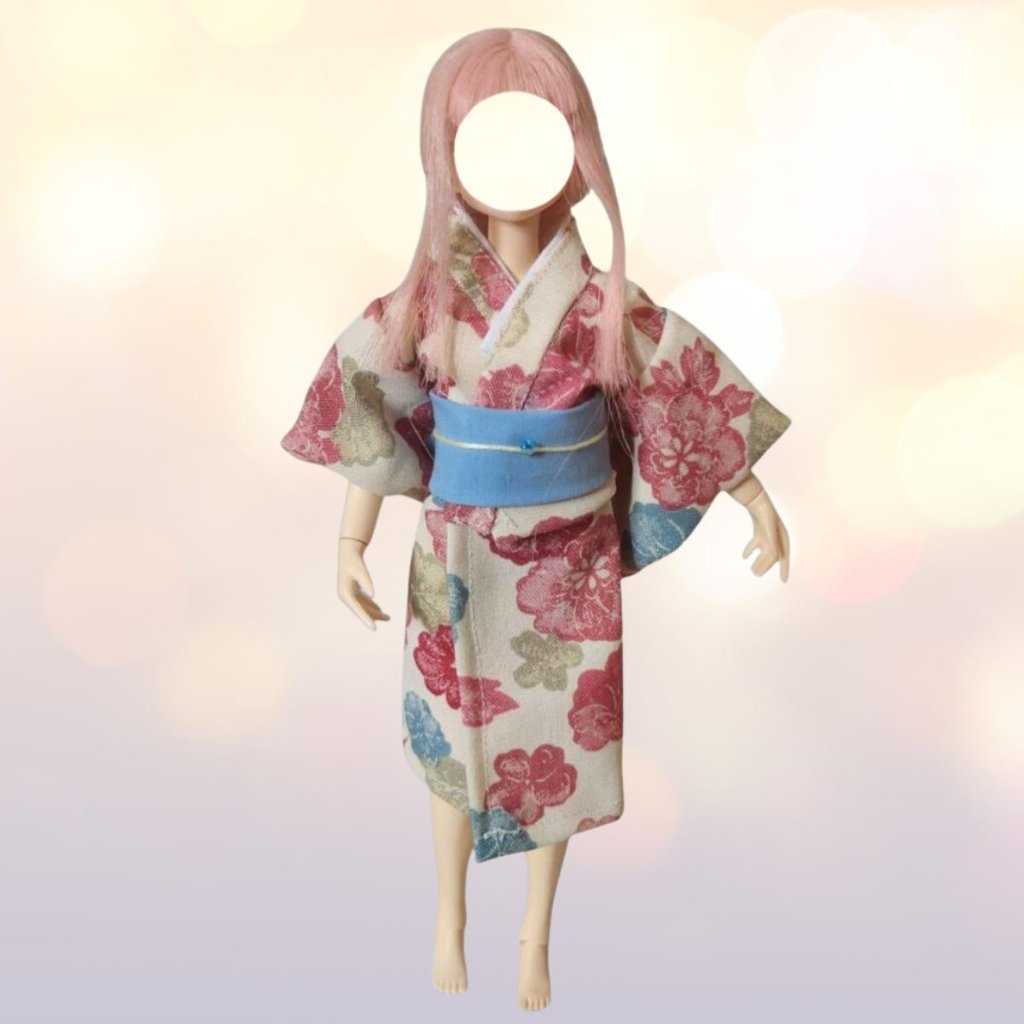 22cmドール用 着物二点セット 赤い花柄×白の画像