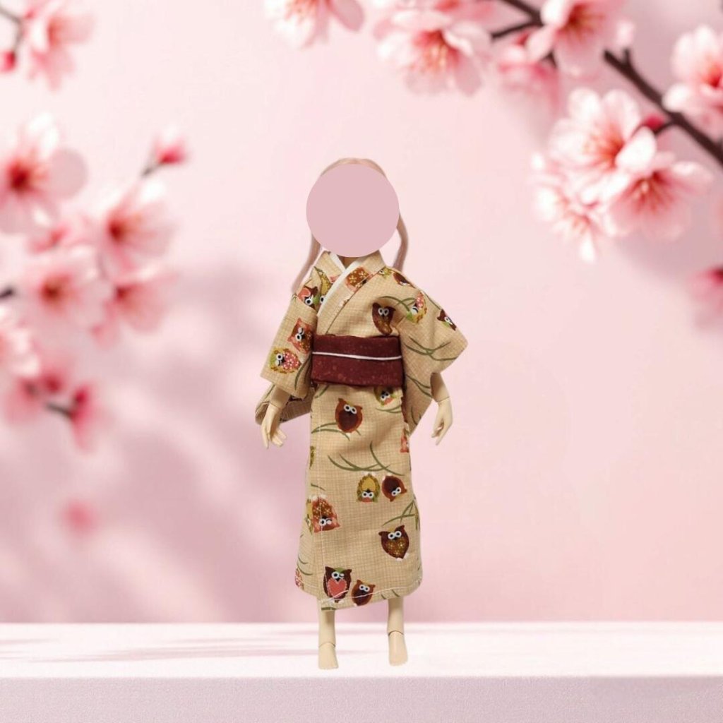 22cmドール用 着物二点セット ふくろう柄 ベージュ 茶色 シックの画像