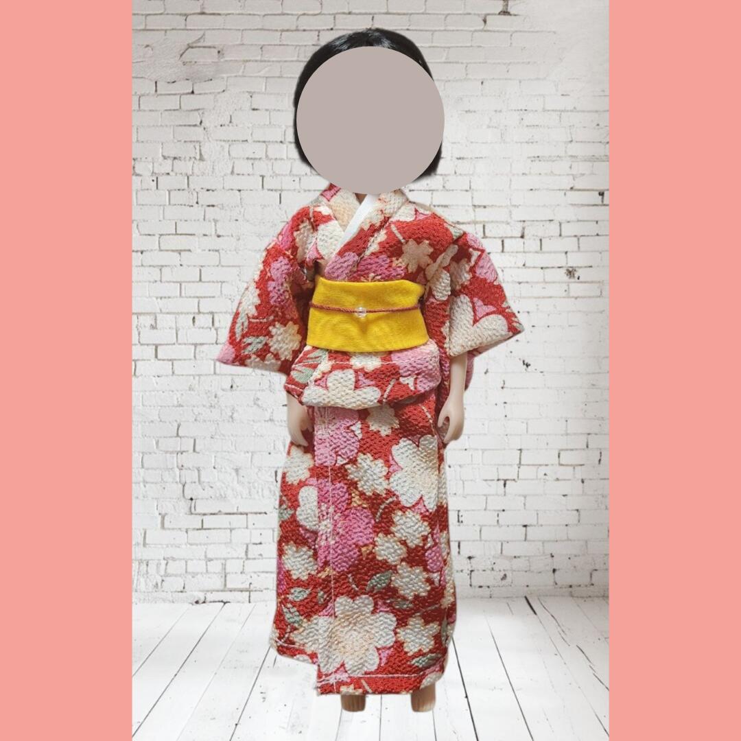 22cmドール用着物二点セット 花柄 赤×黄色 ちりめん生地の画像