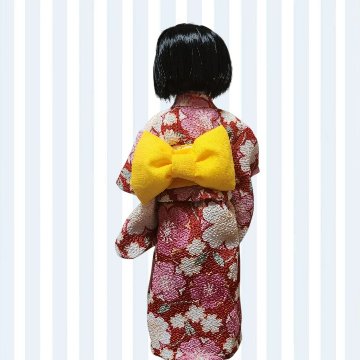 22cmドール用着物二点セット 花柄 赤×黄色 ちりめん生地の画像