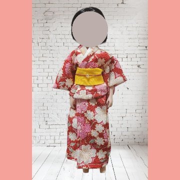 22cmドール用着物二点セット 花柄 赤×黄色 ちりめん生地の画像