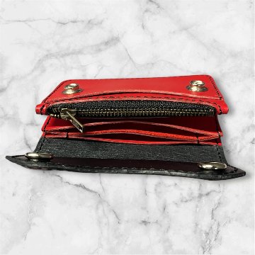 本革 ミニウォレット ハンドメイド メンズ レディース セカンド 経年変化 楽しめる フラップ付 財布 ブラック レッドの画像
