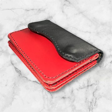 本革 ミニウォレット ハンドメイド メンズ レディース セカンド 経年変化 楽しめる フラップ付 財布 ブラック レッドの画像
