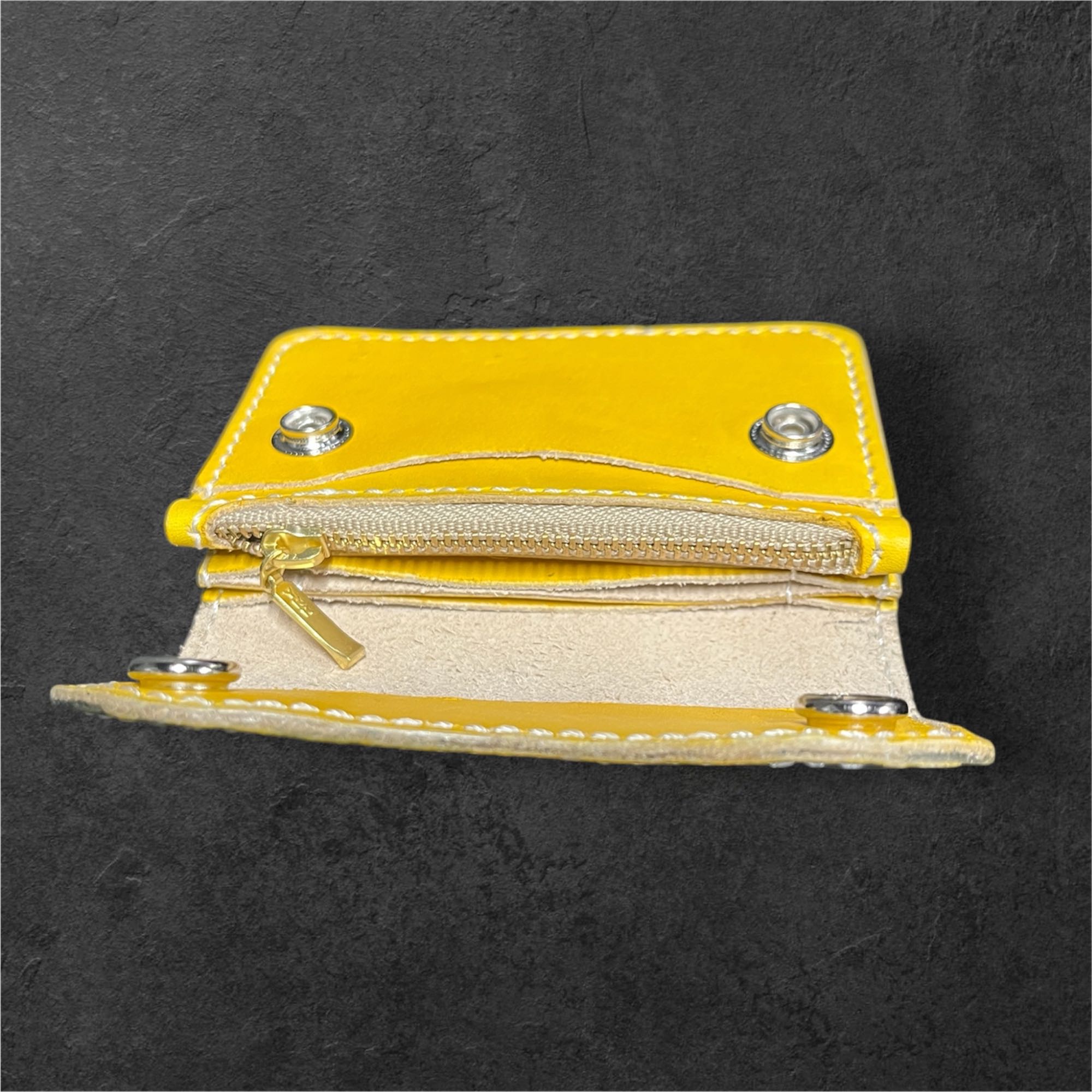 本革 ミニウォレット ハンドメイド メンズ レディース セカンド 経年変化 楽しめる フラップ付 財布 イエロー ブラック グラデーションの画像