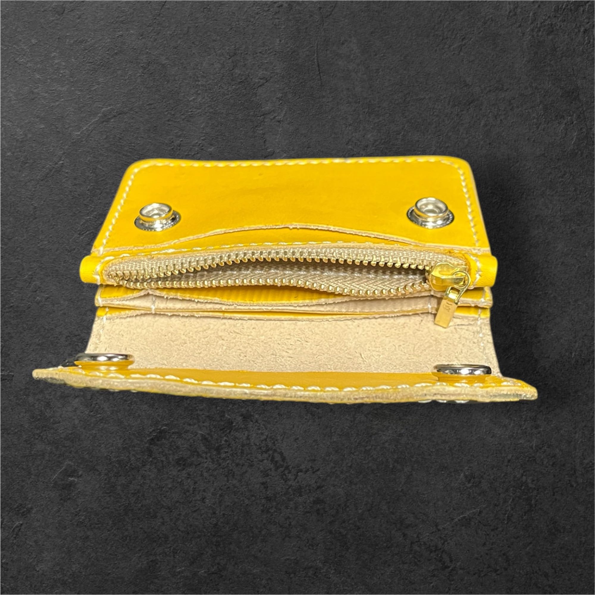本革 ミニウォレット ハンドメイド メンズ レディース セカンド 経年変化 楽しめる フラップ付 財布 イエロー ブラック グラデーションの画像