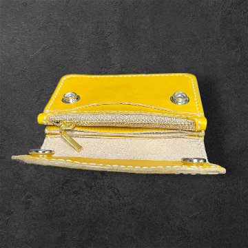 本革 ミニウォレット ハンドメイド メンズ レディース セカンド 経年変化 楽しめる フラップ付 財布 イエロー ブラック グラデーションの画像