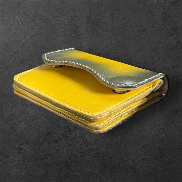本革 ミニウォレット ハンドメイド メンズ レディース セカンド 経年変化 楽しめる フラップ付 財布 イエロー ブラック グラデーションの画像