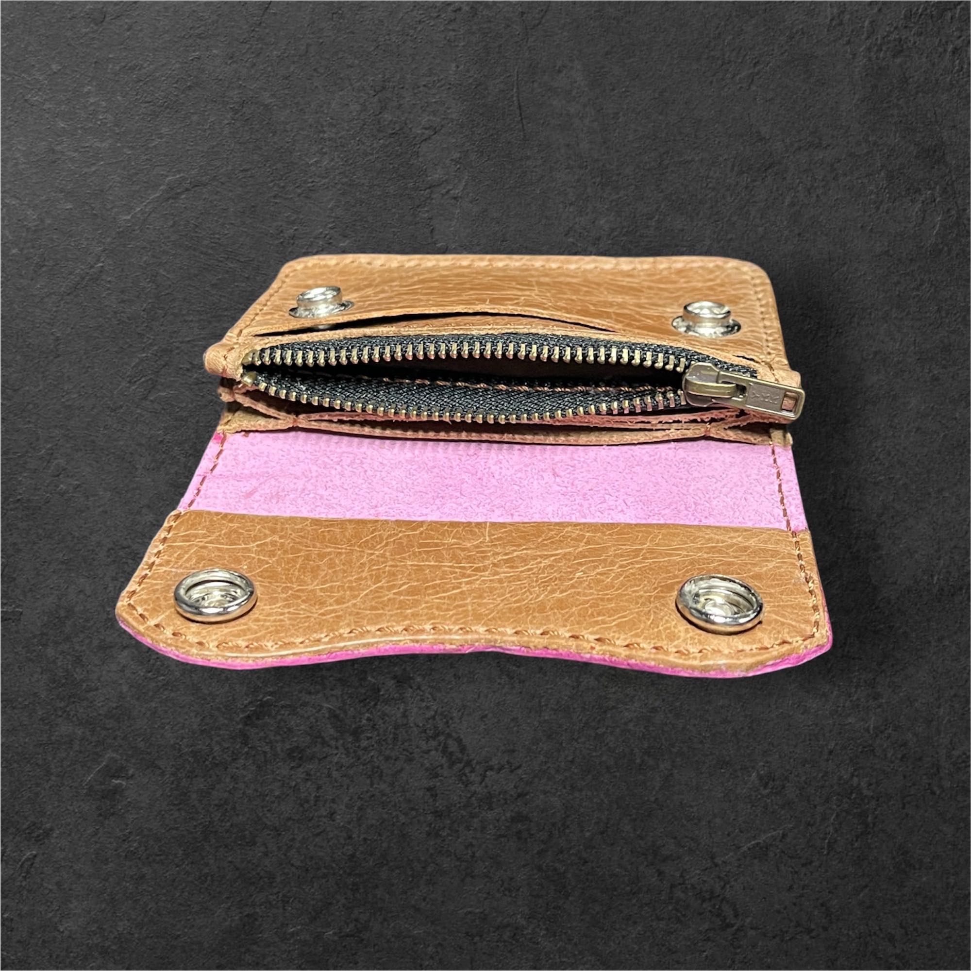 本革 ミニウォレット ハンドメイド レディース メンズ セカンド 経年変化 楽しめる フラップ付 財布 ピンク ブラウンの画像
