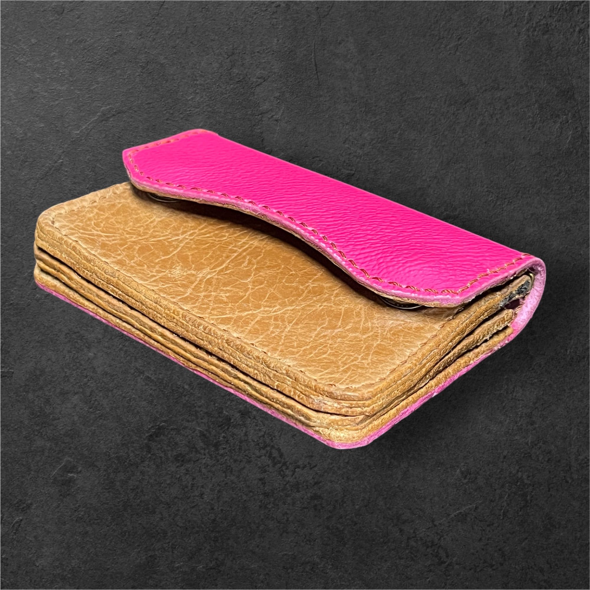 本革 ミニウォレット ハンドメイド レディース メンズ セカンド 経年変化 楽しめる フラップ付 財布 ピンク ブラウンの画像