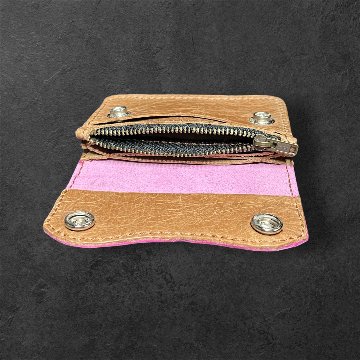 本革 ミニウォレット ハンドメイド レディース メンズ セカンド 経年変化 楽しめる フラップ付 財布 ピンク ブラウンの画像