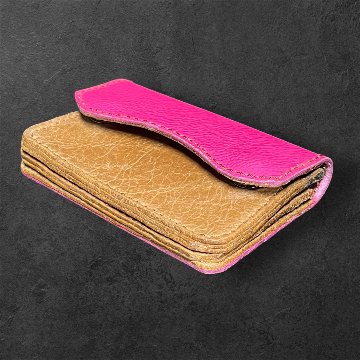 本革 ミニウォレット ハンドメイド レディース メンズ セカンド 経年変化 楽しめる フラップ付 財布 ピンク ブラウンの画像
