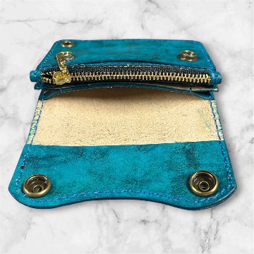 本革 ミニウォレット ハンドメイド ブルー メンズ レディース セカンド 経年変化 楽しめる フラップ付 サブ 財布の画像