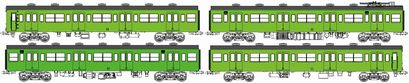 国鉄103系低運転台・非ユニット窓・非冷房車、黄緑6号動力付基本4両セットAの画像