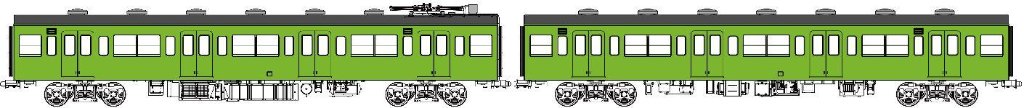 国鉄103系非ユニット窓・非冷房車、黄緑6号動力なし増結2両セットBの画像