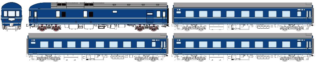 20系急行仕様4両セット（カヤ21ｘ１、ナハ21ｘ3、3本帯）の画像