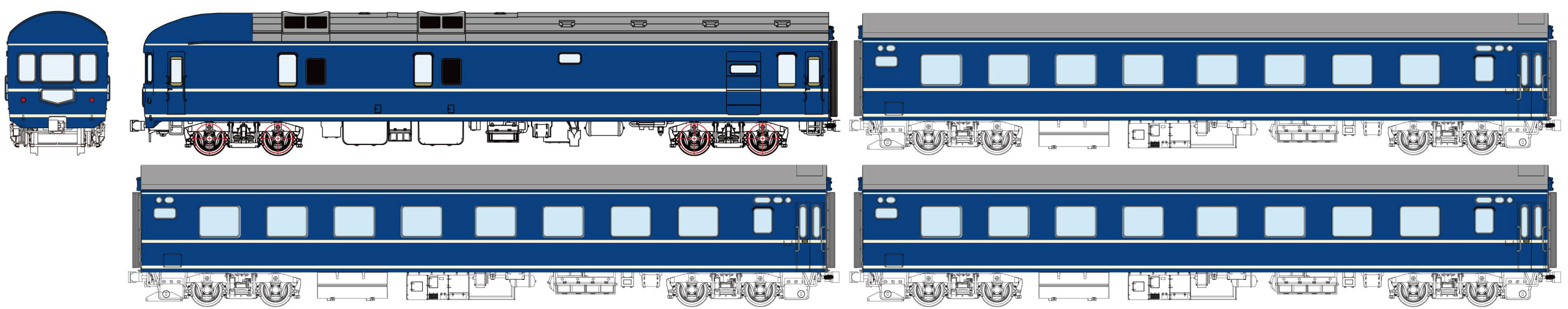 20系急行仕様4両セット（カヤ21ｘ１、ナハ21ｘ3、3本帯）の画像
