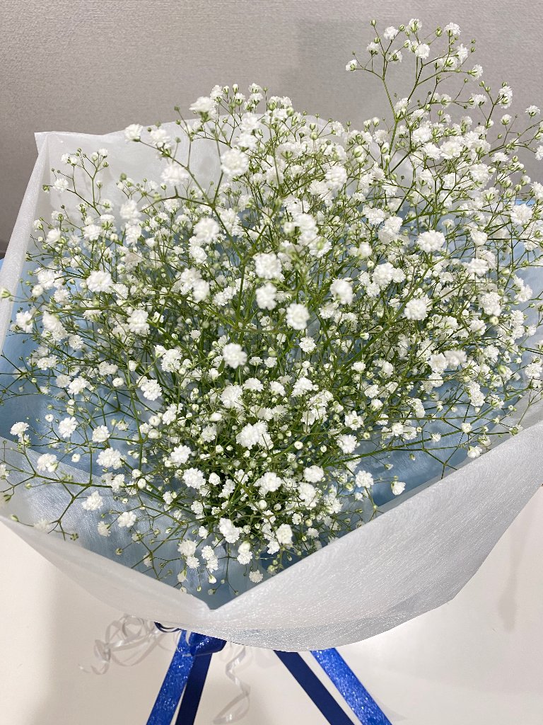 ホワイトカラーのカスミソウ花束の画像
