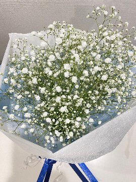 ホワイトカラーのカスミソウ花束の画像