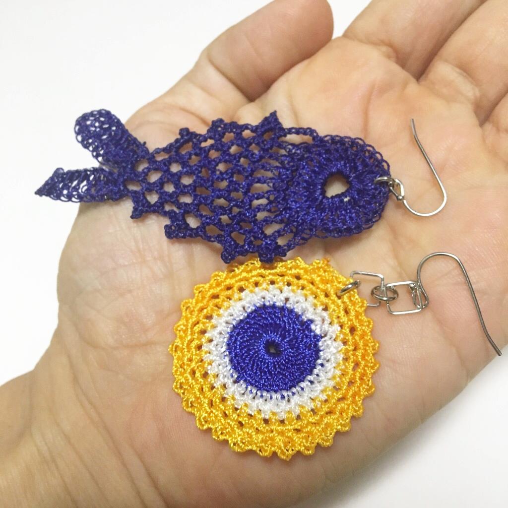 手編みレース、魚のトルコイヤリング・トルコピアス　画像
