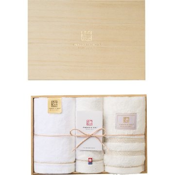 今治謹製　白織×至福×ご褒美タオル　フェイスタオル３枚セット（木箱入） ホワイト SISET500の画像