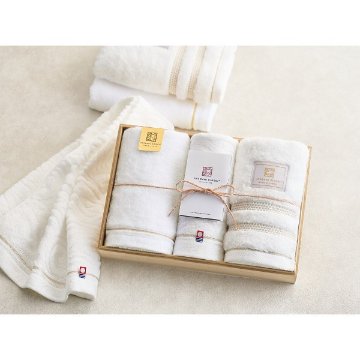 今治謹製　白織×至福×ご褒美タオル　フェイスタオル３枚セット（木箱入） ホワイト SISET500の画像