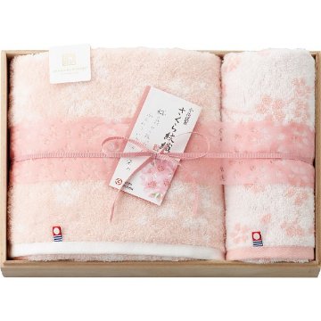 今治謹製　さくら紋織　桜染め　バス・フェイスタオルセット（木箱入） SM2250の画像