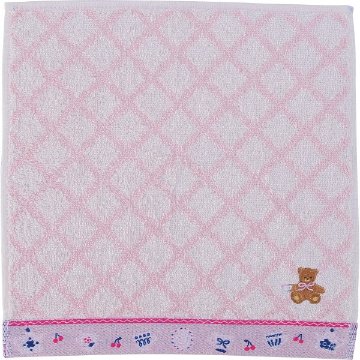 ロッティ　婦人タオルハンカチ チェック×くま刺繍ピンク RTT-64 PIの画像