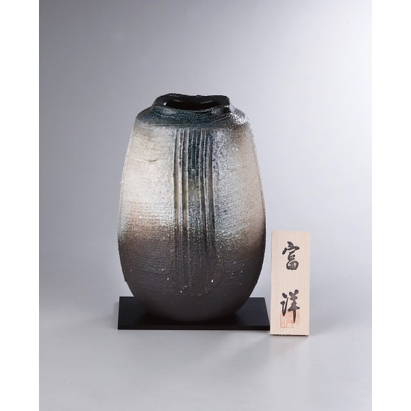 信楽焼　白泥青窯変花瓶 sha-235の画像